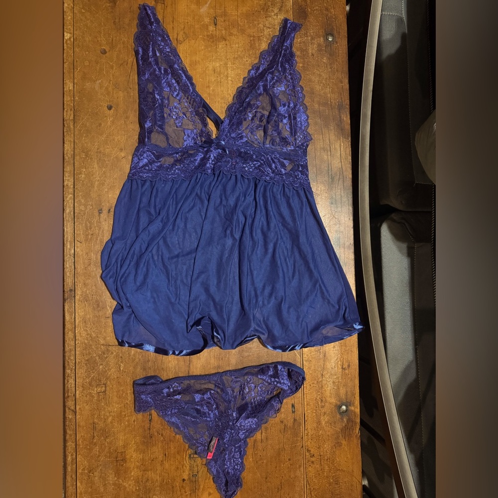Plus size navy lace & mesh babydoll thong set 1x 2x